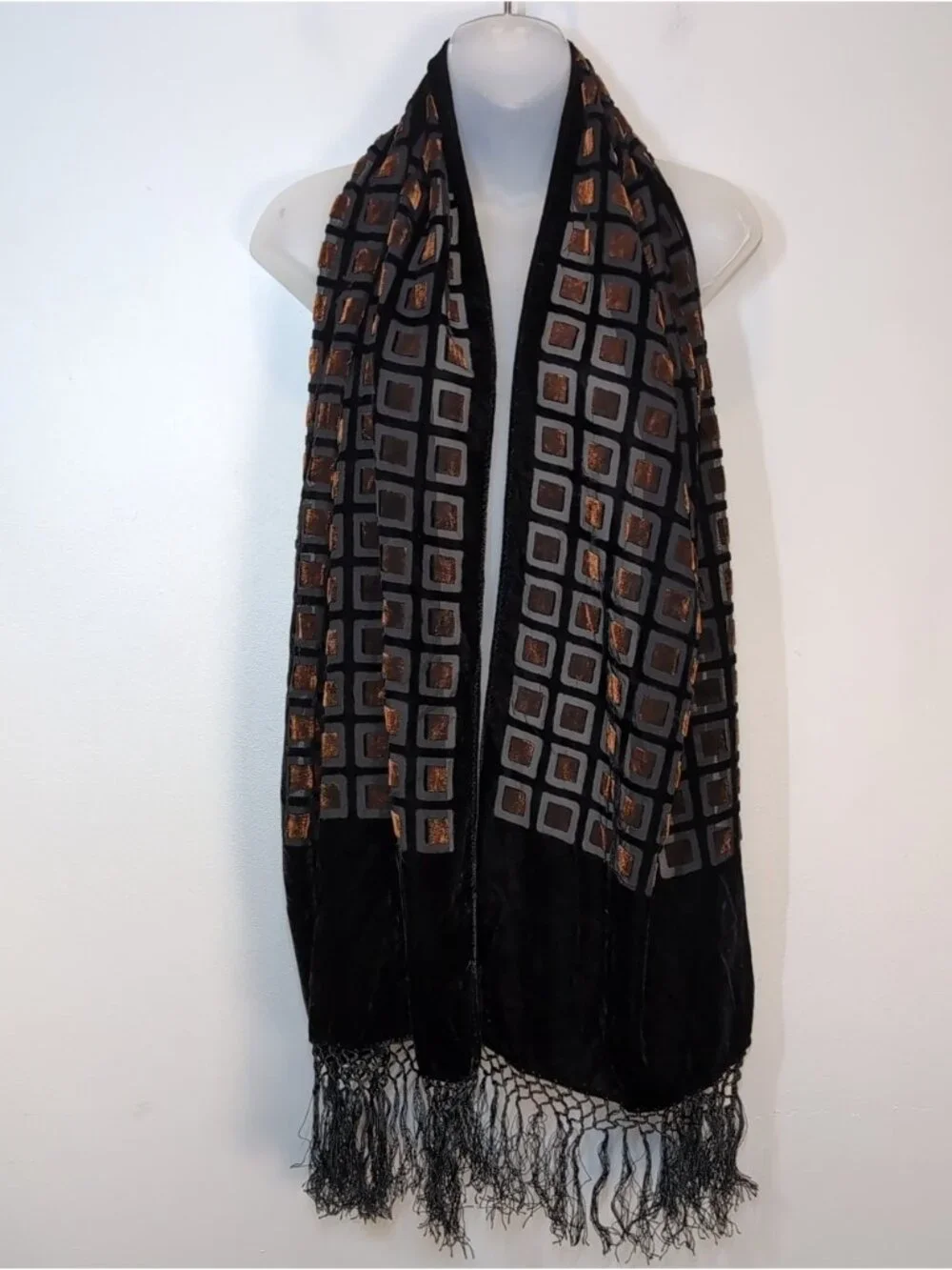Vintage Y2K Silk Blend Burnout Velvet Scarf Fringe Geo Black Copper Luxe Wrap
